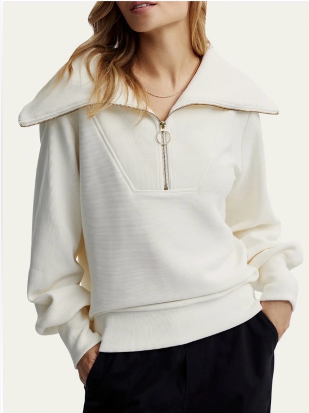 Varley Vine Ottoman Rib Half Zip Pullover Sweatshirt White Cream Small